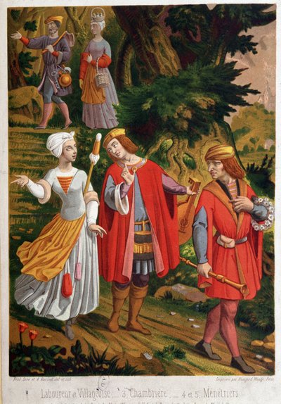 Bucolic scene: plowing and village, chambriere and menestriers by Unknown artist