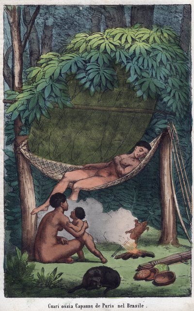 View of a Puri Cabin in Brazil - engraving from 