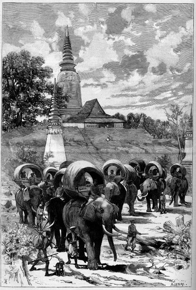 Cambodia: hunting caravan of the French protectorate in front of the mountain of Lady Penh (Pnom Penh). In 