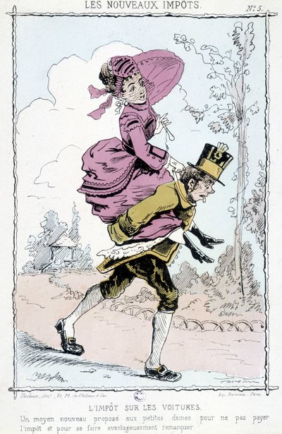 Car tax: a new way for little ladies not to pay taxes and to be advantageously noticed - caricature on new taxes by Unknown artist