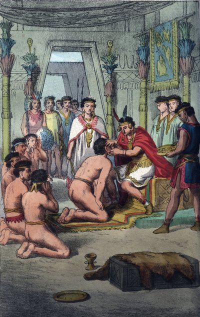 Ceremony in the Inca Capital of Cuzco: Manco Capac confers distinction on the Princes of the Blood by piercing their ears - engraving from Usi e Costumi di Tutti i Popoli dell