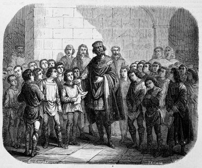 Charlemagne Visiting a School - in History of Popes, Kings, Queens, Emperors, Through the Centuries by Maurice Lachatre by Unknown artist