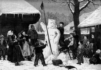 Children making a snowman in a village in the Alps by Unknown artist