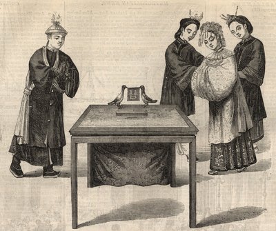 Chinese custom: signing a marriage contract. A tablet with the names of the two spouses is placed on a table with two doves. Engraving in 