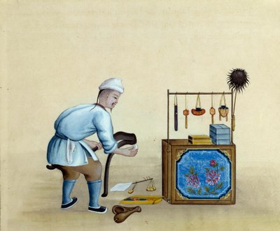 Chinese merchant sharpening scissors to cut silver ingots by Unknown artist