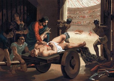 Claude Galien (Klaudios Galenos or Claudio Galeno or Claudius Galenus or Galen, c. 131 - c. 201), Greek doctor treating a gladiator. Barcelona 1881 by Unknown artist
