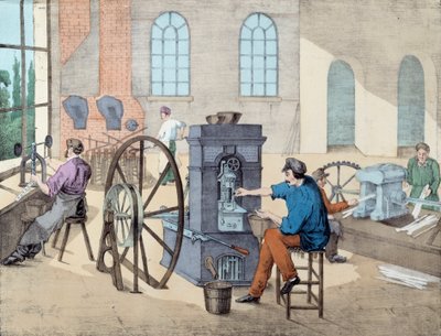 Coin-making: workers in a factory at various stages, casting coins (Engraving of the 19th century) by Unknown artist