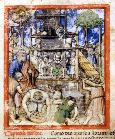 Construction of the Tower of Babel. Miniature from codex 212 (or padovano codice or Bible of Padua) 1390-1400 Rovigo, Accademia dei Concordi by Unknown artist