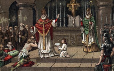 Conversion of Widukind or Witikind before Charlemagne in 785. Chromolithography of the Late 19th Century by Unknown artist