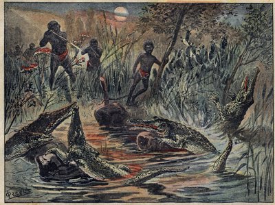 Crocodile Hunt in Niger with a Child for Bait. Illustration in 