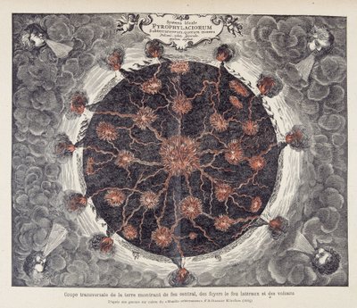 Cross-section of the earth showing central fire, fireplaces and volcanoes, from a copper engraving of Athanase Kircher