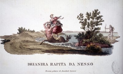 Deianira abducted by the centaur Nessus - engraving by Unknown artist