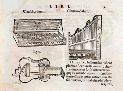 Description of Harpsichord and lyre (?) Page from Musurgia seu praxis musicae by Unknown artist