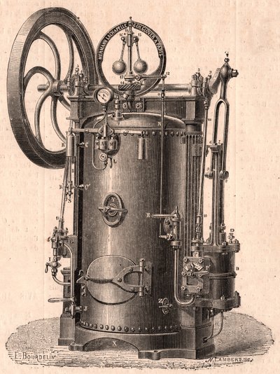 Detailed technical view of a small steam engine produced in Paris in 1866: boiler, cylinder, piston, connecting rod and flywheel by Unknown