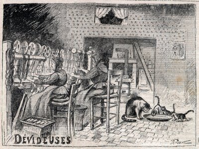 Devideuses - Atelier de Canut - Interior of a Silk Weaver Workshop in Lyon - Engraving in 