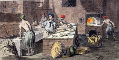 Different activities of bakers: the kneading of bread dough, the preparation of loaves, the baking. Engraving of the 19th century by Unknown artist