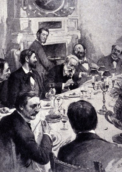 Dining at the table by Victor Hugo with Jean Mounet-Sully (1841 - 1916), French actor. Engraving of the 19th century by Unknown artist