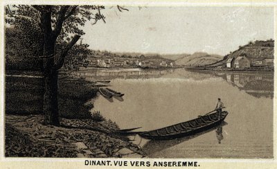 Dinner, view towards Anseremme, and river Lesse, Walloon Region of Belgium. Chromolithography of the late 19th century by Unknown artist
