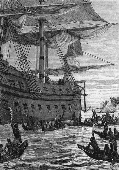 Discovery of the Indies: Voyage of Wallis in the Pacific; Native People Going to Meet the Colonists - in 