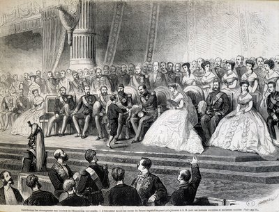 Distribution of awards to the laureates of the World Exposition - The Emperor receives from his son, the Imperial Prince, the Grand Prix of his labourers houses and model farms by Unknown artist