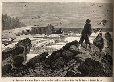 Dr. Hayes, arrives at the free sea of the Arctic pole, the purpose of his expedition, plants the American star banner. Engraving to illustrate the voyage to the free sea of the Arctic pole, by Doctor Hayes, surgeon of the United States Navy, in 1860-1862 by Unknown artist