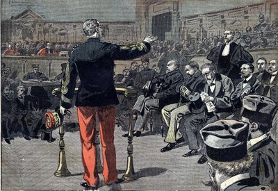 Dreyfus case - Trial of Emile Zola - 1898: General Auguste Mercier (1833-1921) answers questions of Fernand Labori (1860-1917), lawyer of the writer Emile Zola (1840-1902). Also represented are the president of the tribunal Albert Delegorgue, Messrs. Perr by Unknown artist