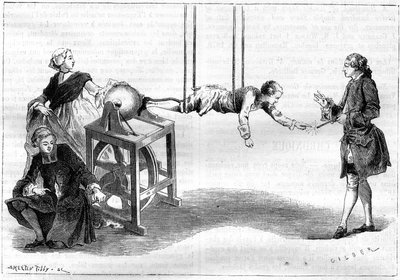 Electricity experiment in the 18th century: a young abbe rotates an electric machine formed of a sulfur sphere. A woman presses her hand on the sphere and through friction develops a fluid. A young man hung by ropes makes the spark spring at the end of his by Unknown artist
