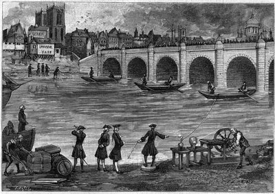 Electricity experiment performed by William Watson, English physicist, on the banks of the Thames in the 18th century. Engraving in 