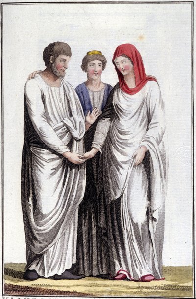 Engagement or promise of marriage: dextrarum iunctio or union of straight hands. Engraving of the 19th century by Unknown artist