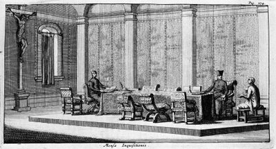 Engraving representing an interrogation in the Tribunal of the Inquisition. 17th century by Unknown artist
