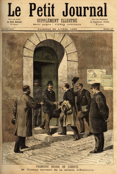 Eugene Turpin (1848-1927), chemist, inventor in 1884 of melinite (an explosive), unjustly accused of having sold his invention to the enemy, was innocent and freed from the prison of Etampes. Engraving in 