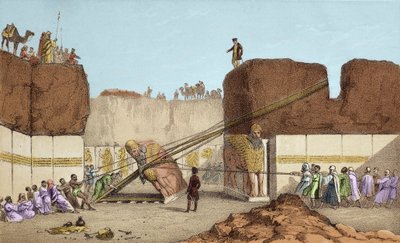 Excavations of Nineveh - The ruins of Nimrud by Henri Layard; replacement of the great bull wing - The shipment of a winged bull from Nimrud, during the excavations of Sir Austen Henry by Unknown artist