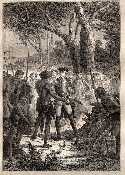 Expedition by Nicolas Thomas Marion-Dufresne (Marion Dufresne) (1729-1772): Marion debarked in Frederick Henry Bay (Tasmania) and was offered a brandon ignited by the indigenous people - illustration taken from 