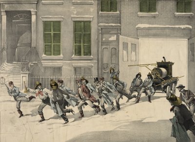 Fire Fighters Depart Emergency Calls at the Fire Site, Watercolor of 1895. USA by Unknown artist