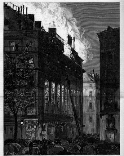 Fire of the Opera Comique in Paris seen from Rue Marivaux and Boulevard des Italiens on 26 May 1887. Engraving in 