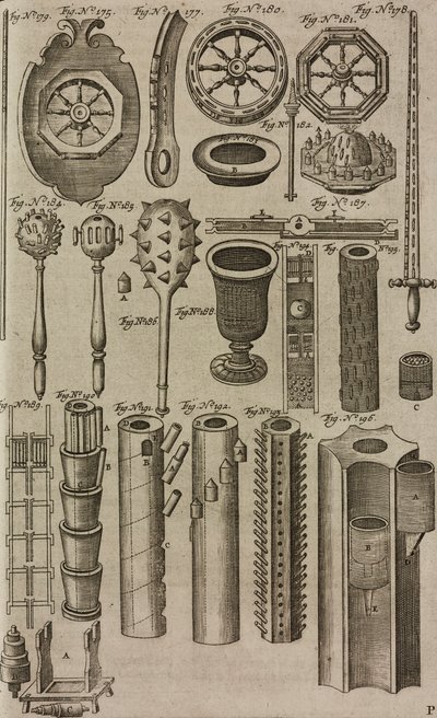 Fire Wheels and Fireworks Launch Tubes, Engraving from Grand Art of Artillery by Casimir Siemienowicz by Unknown artist