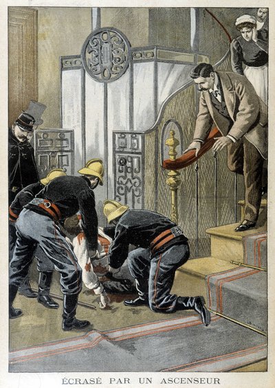 Firefighters Rescuing a Man Crashed by an Elevator in a Parisian Building by Unknown artist