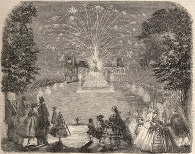Fireworks and illumination of the castle of Maison Laffitte on the evening of the agricultural committee competition. Engraving in 
