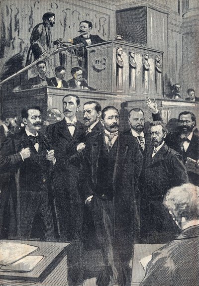 First sitting of the House of Deputes elected in 1898: Paul Deschanel (1855-1922), President of the Chamber of Deputes. Paul Adolphe Granier de Cassagnac (1842-1904), Lucien Millevoye (1850-1918), Paul Deroulede (1846-1914), Jacques Piou (1838-1932), Eugen by Unknown artist