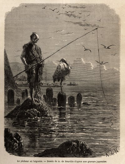 Fisherman of Yedo Bay (or Edo, present-day Tokyo), grabbed by an eagle, a low tide, the boats lay the fishermen on blocks of stone laid dry in the bay, the latter remain straight, motionless and fish with the hook of the fish that they slide in a long line by Unknown artist