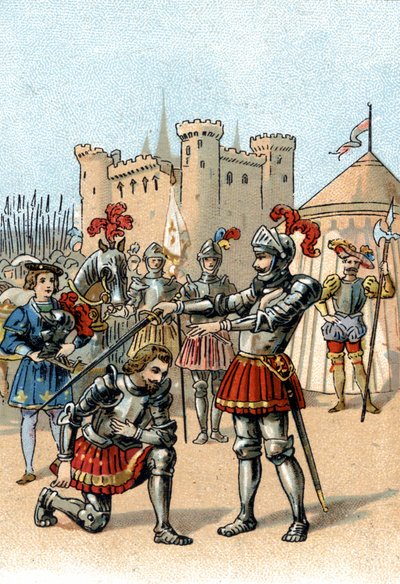 Francis I of France requesting to be knighted by the Chevalier Bayard after victory at the Battle of Marignano, Italy by Unknown artist