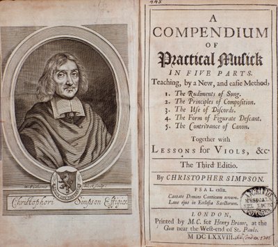 Frontispiece of Compendium of practical music in five parts with lessons of viola da gamba by Cristopher Simpson by Unknown artist