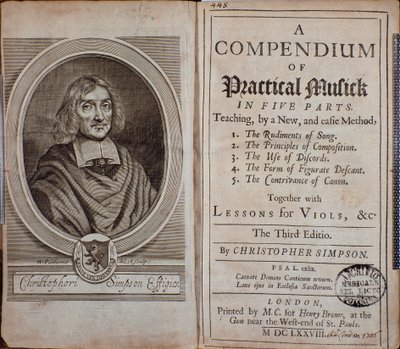 Frontispiece of Compendium of Practical Music with portrait of Christopher Simpson by Unknown artist