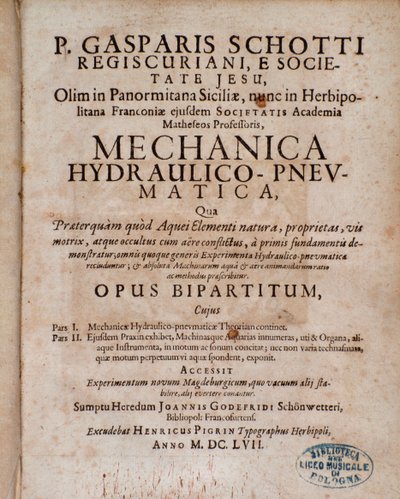 Frontispiece of Mechanica Hydraulico Pneumatica by Gaspar Schott by Unknown artist