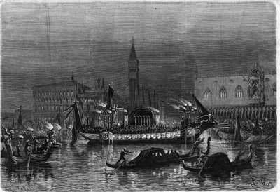 Funeral of Daniele Manin (1804-1857), who participated in the Risorgimento, in Venice: the mortuary gondola carrying the ashes towards the Church of St. Zacharia passes in front of the royal palace. Engraving in 