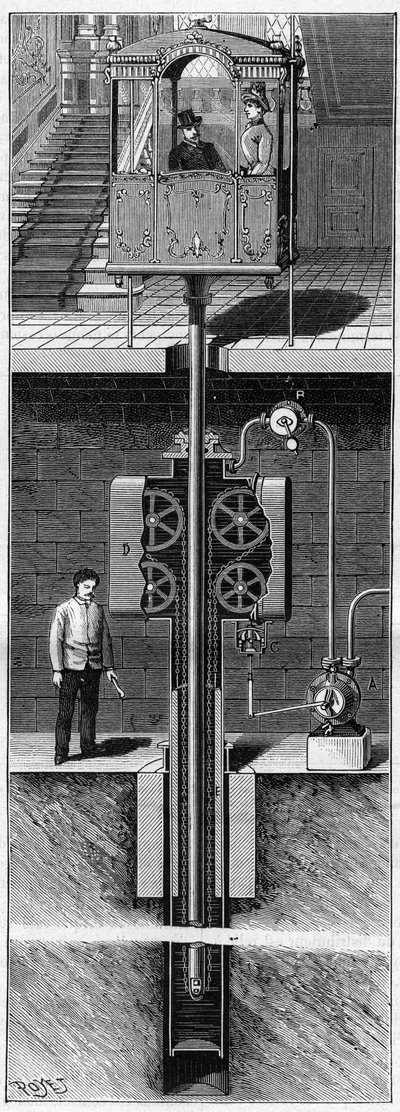 General layout of the new Edoux elevator in 1888, in "La Nature" of 1888 by Unknown artist