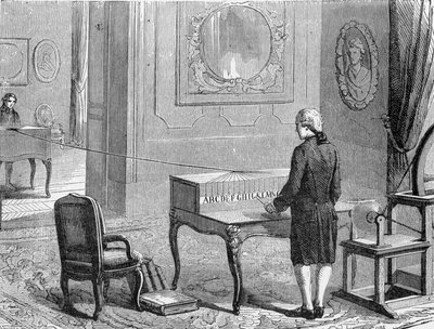 Georges Lesage, inventor of the first electronic telegraph in front of a prototype. 1774. Engraving 19th century. by Unknown artist