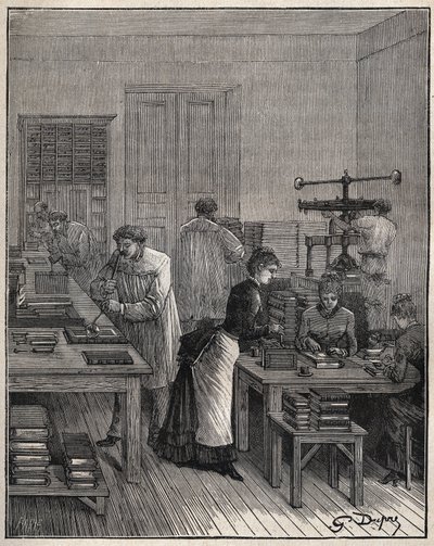Gilding of books in iron in a workshop in France in the 19th century. Engraving from 1885 in 