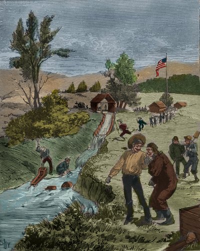 Gold Rush: Gold Seekers in California Washing Gravel in a Stream with a Sieve, Establishment of Captain Sutter. Engraving from 1885 in 