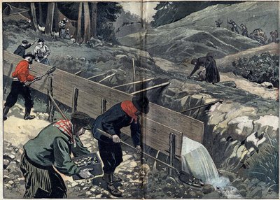 Gold Rush in Alaska: Gold seekers wash gold mud. A woman picks up nuggets while new gold seekers arrive at the camp. Illustration in Le Pelerin of February 20 by Unknown artist